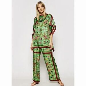 Tory Burch Silk Scarf Caftan Top Green Splash Size Small